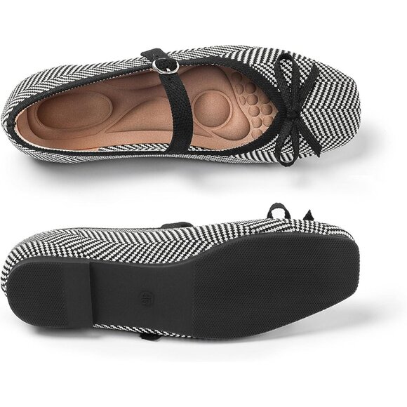 Women Black Striped Fabric upper and rubber sole Casual Flats with Ankle Strap - Picture 2 of 7